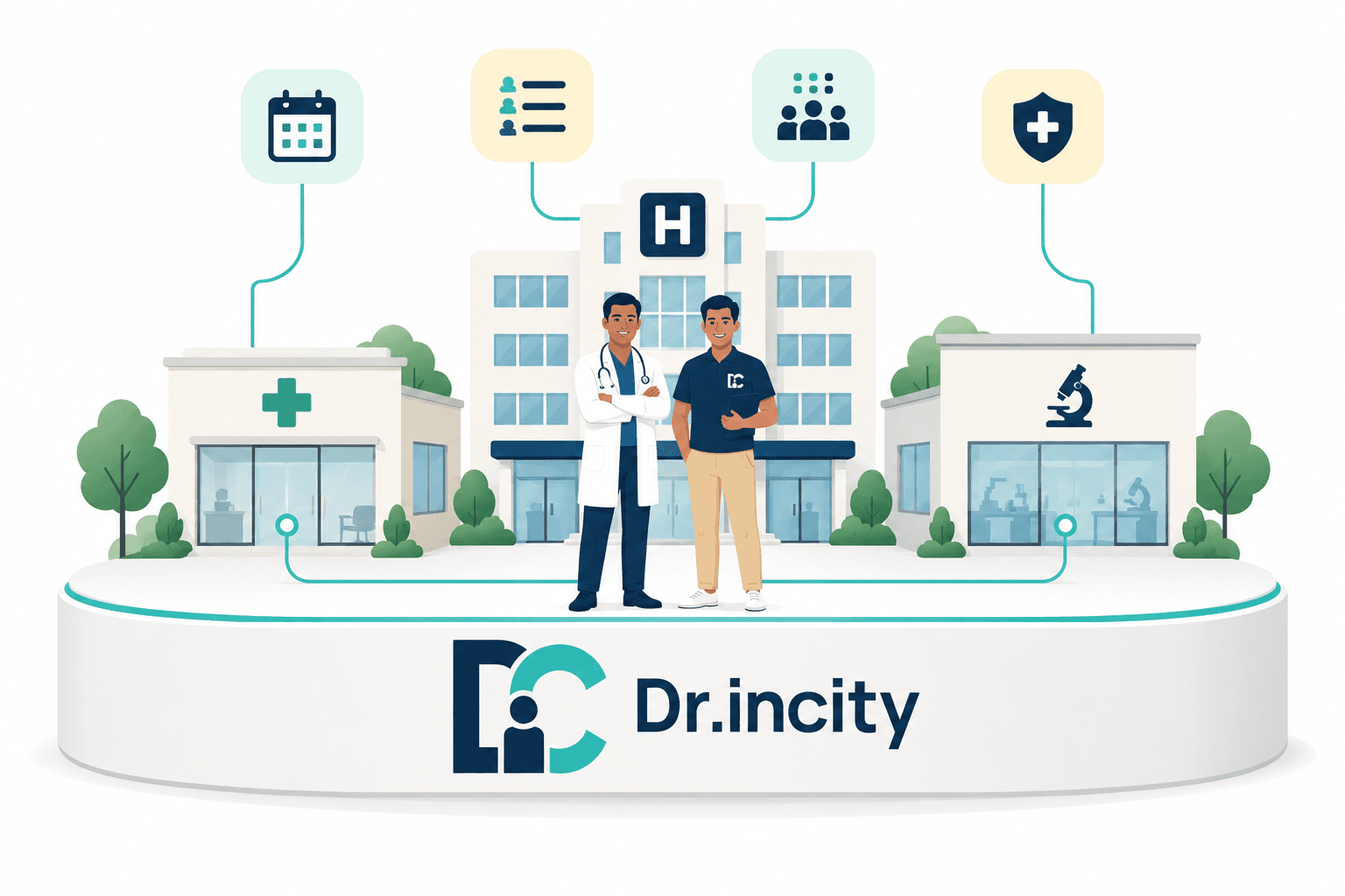 A doctor and a Dr.incity team member standing together in front of a clinic, a hospital and a diagnostic centre, all built on one Dr.incity platform that connects scheduling, queues, staff and security.