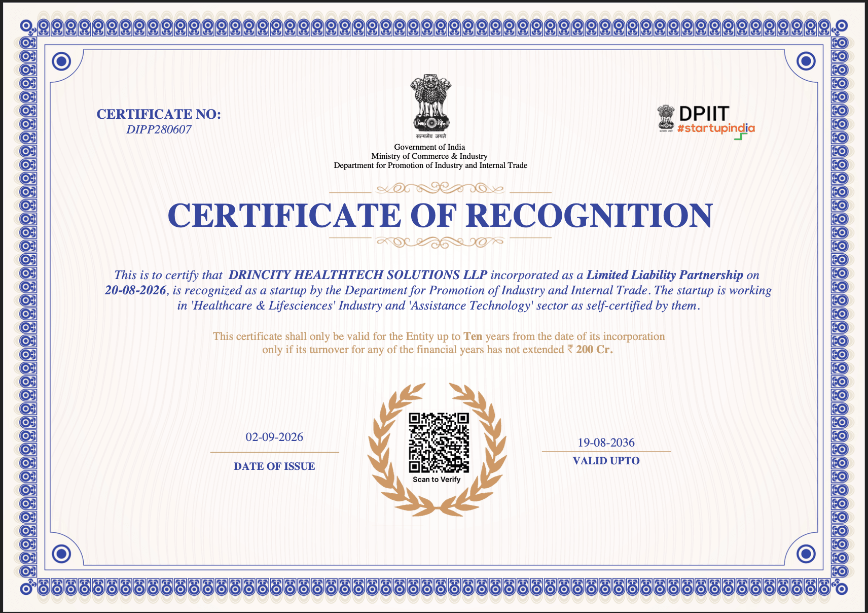 Startup India Certificate of Recognition (No. DIPP280607) confirming Dr.incity Healthtech Solutions LLP is recognized as a startup by DPIIT, Ministry of Commerce and Industry, Government of India