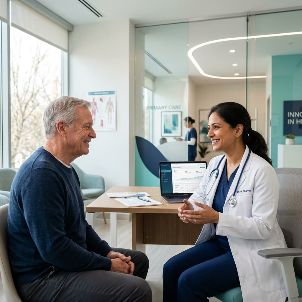 A doctor speaking with a patient in a clinic