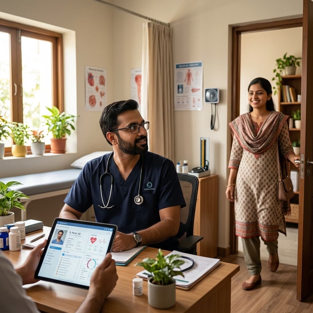 Doctor's screen showing a patient record loading automatically as they arrive